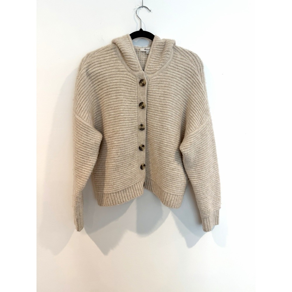 Madewell Cardigan Sweater Hooded Chunky Knit Beige Cropped Sz M Coziest Yarn